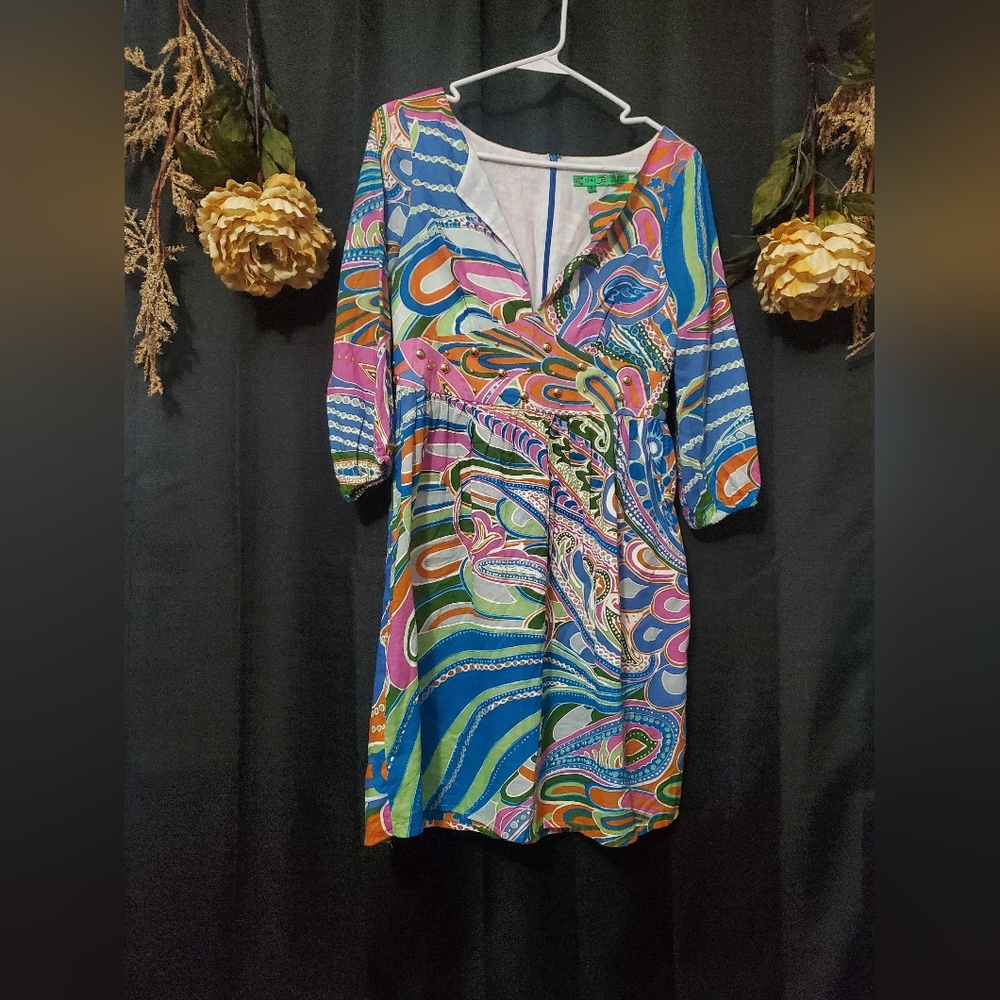 TIBI Deep V-Neck Paisley Boho Mini / Midi Dress Gold Studded Tropical Size 8